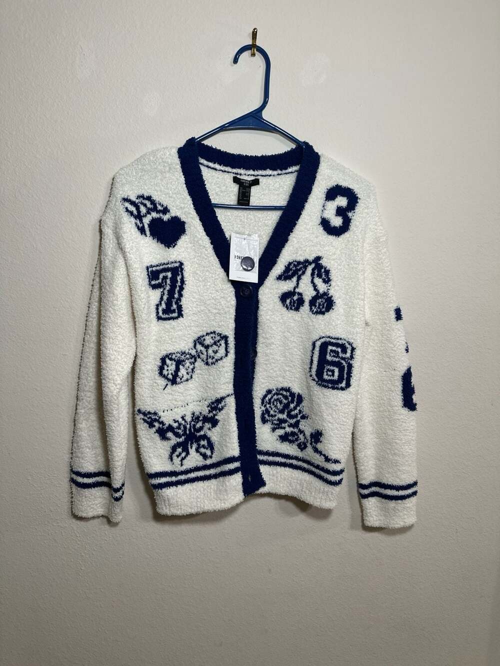 Forever 21 Girls White Fuzzy Knit Cardigan with Blue Icons and Numbers